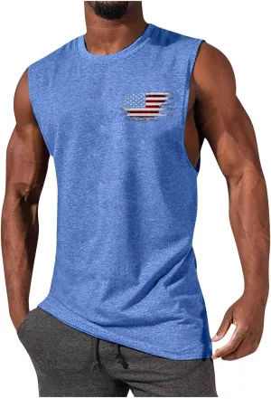 Mens American Flag Tank Tops 4th of July Shirts Sleeveless O-Collar Workout Graphic Tees USA Tank Top