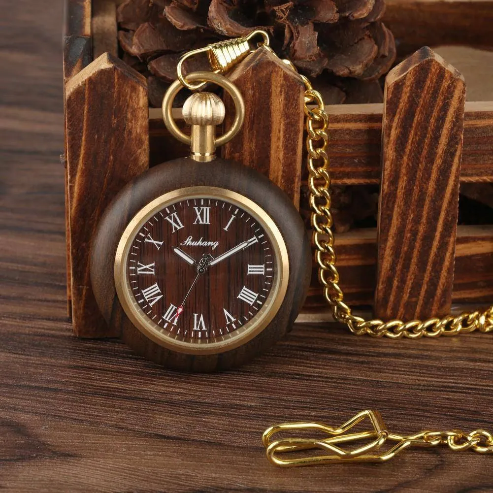 Mens Bamboo Case Pocket Watch - Wooden Dial Simple and Fashionable