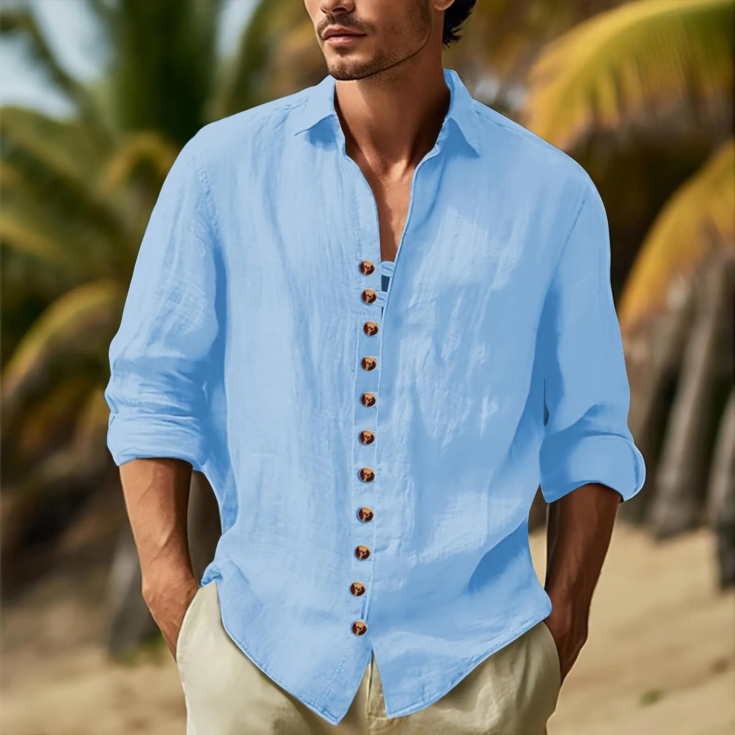 Mens Button Cotton Linen Shirt Casual Long Sleeve Lapel T-Shirts Tropical Holiday Beach Shirts Fall Retro 2024 Tops