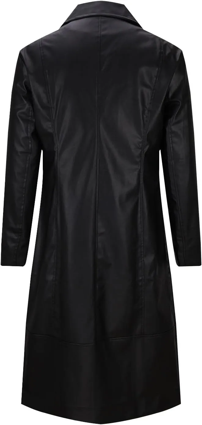 Mens Buttons Retro Leather Jacket Long Steampunk Overcoat Long Sleeve Open Front Cardigan Jacket Vintage Trench Coat