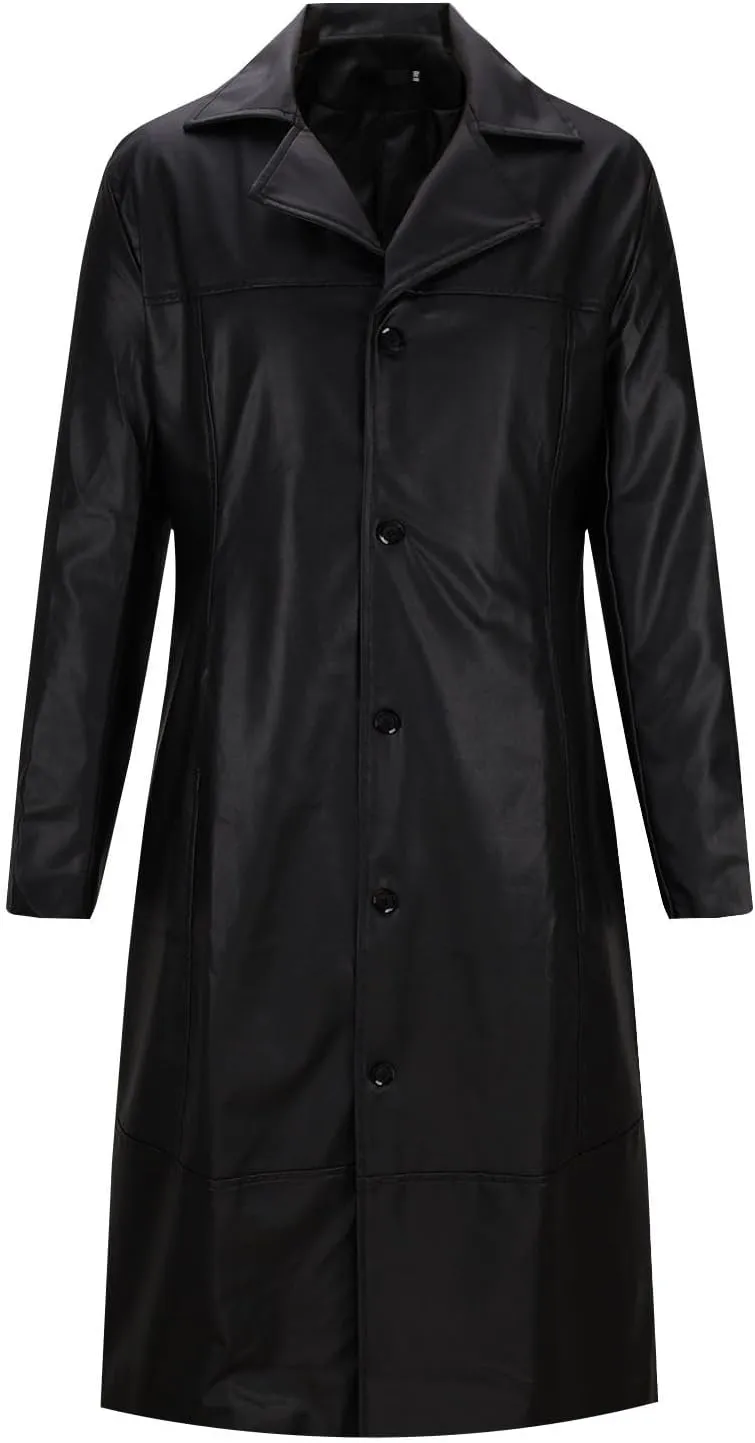 Mens Buttons Retro Leather Jacket Long Steampunk Overcoat Long Sleeve Open Front Cardigan Jacket Vintage Trench Coat