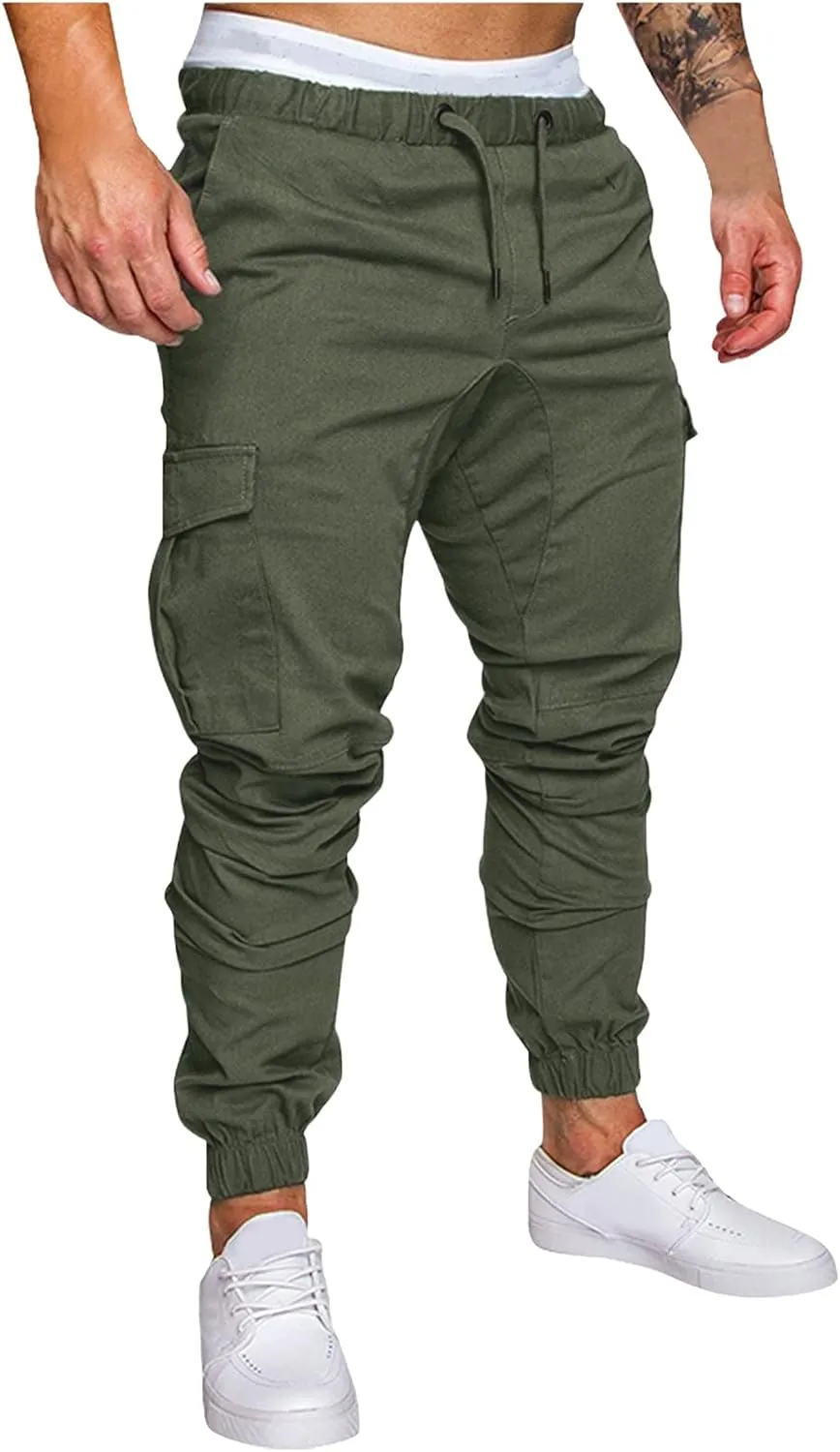 Mens Cargo Joggers Slim Fit Elastic Waist Athletic Work Pants Tapered Outdoor Hiking Cargo Sweatpants with Pocket