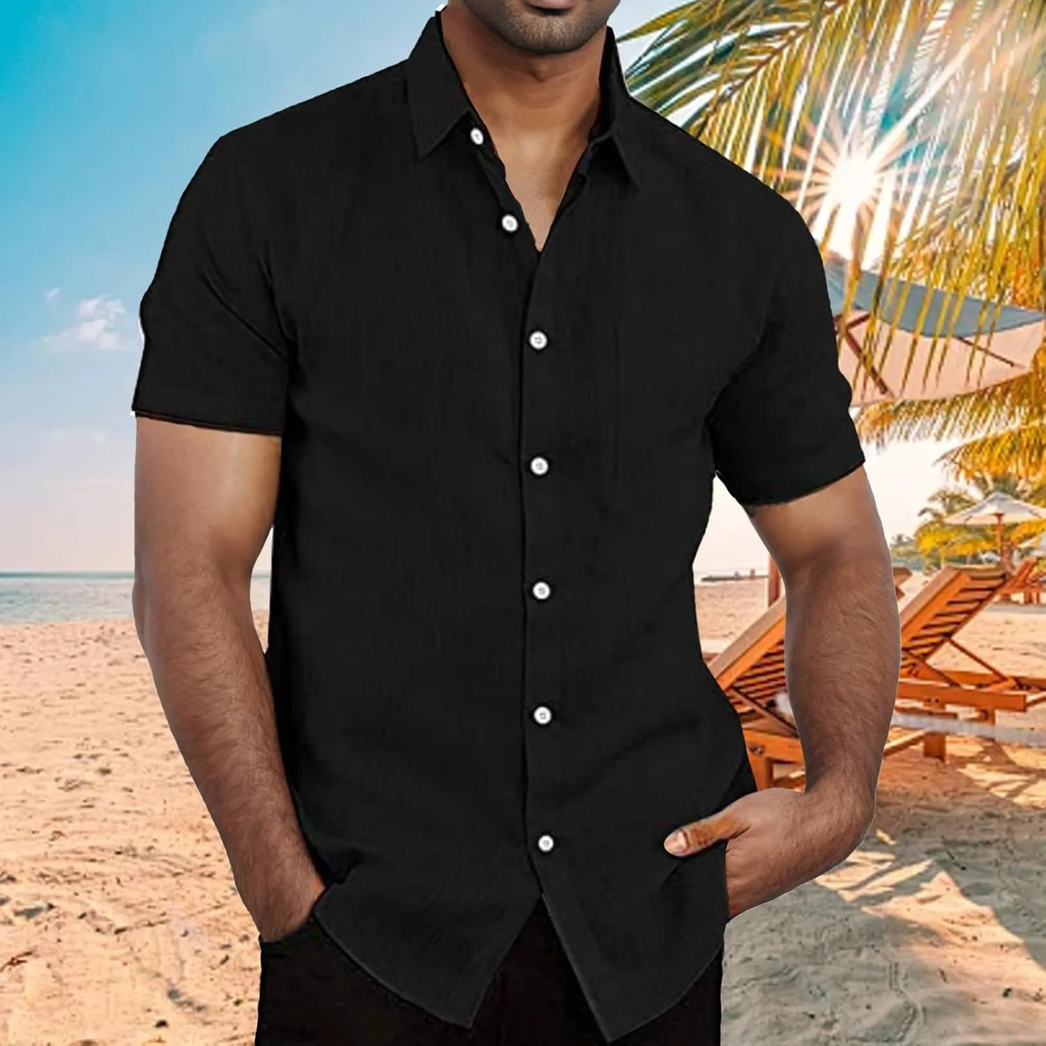 Mens Casual Button Down Shirts Short Sleeve Striped Tee Comfy Lightweight Lapel Collar Formal T-Shirt for Vacation