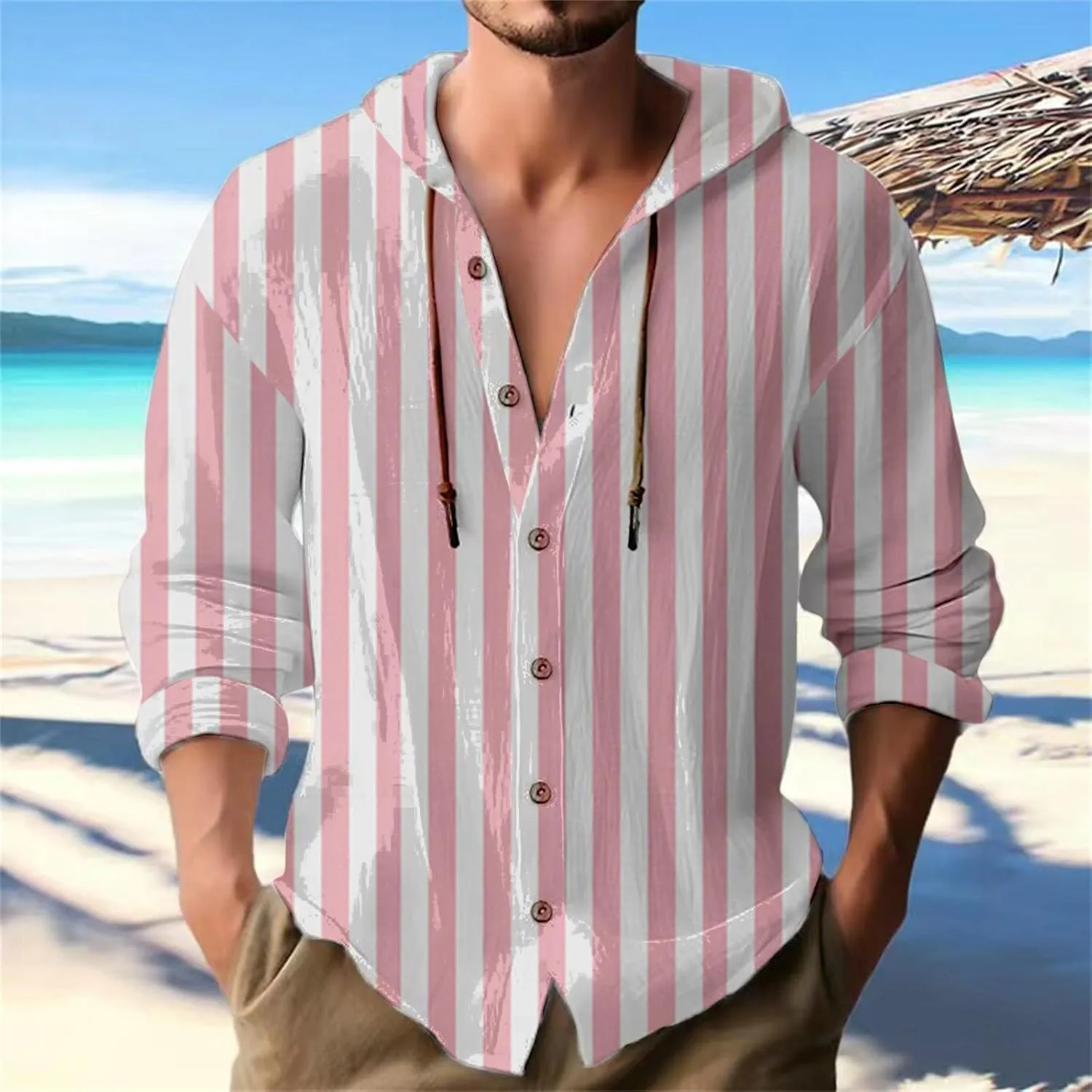 Men's Casual Linen Striped Cruise Resort Shirts Long Sleeve Hawaiian Hoodies Button Up Guayabera Hooded Sweatshirts
