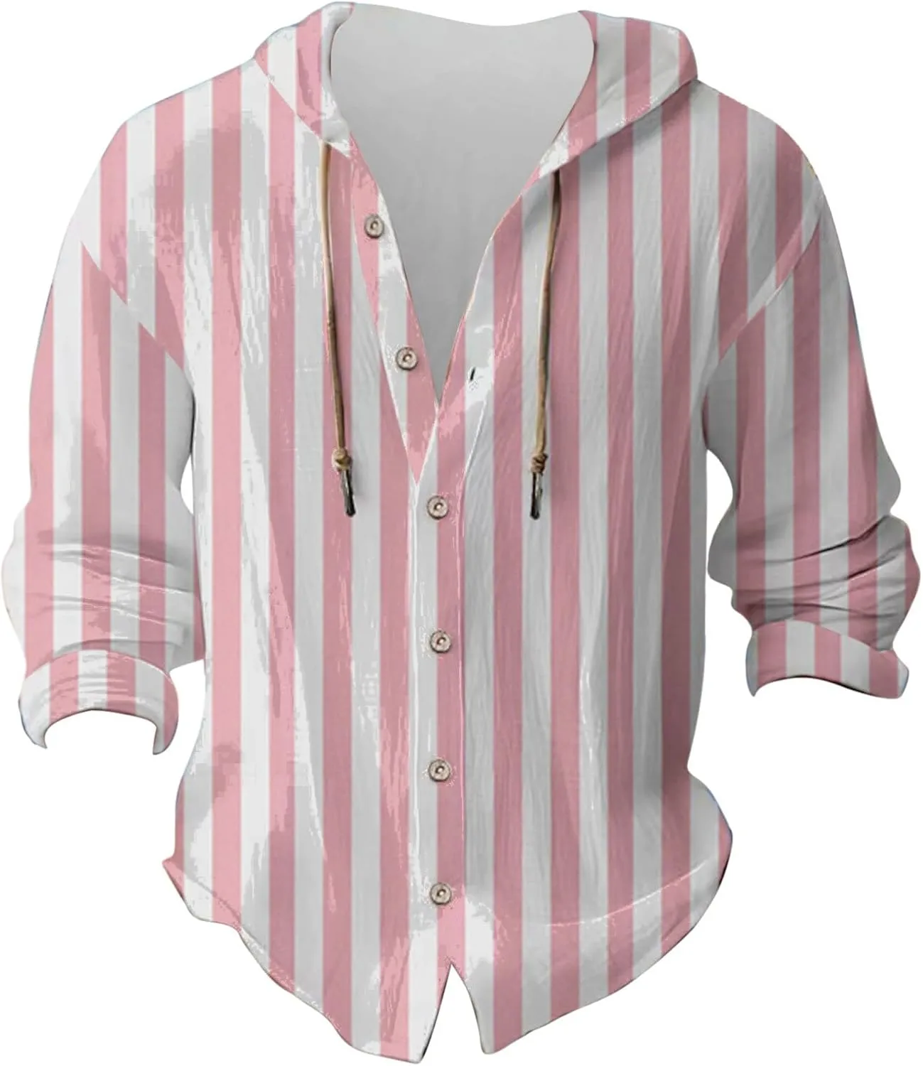 Men's Casual Linen Striped Cruise Resort Shirts Long Sleeve Hawaiian Hoodies Button Up Guayabera Hooded Sweatshirts