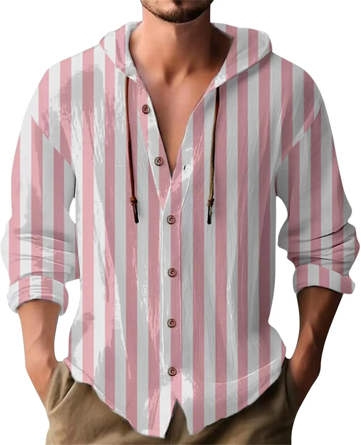 Men's Casual Linen Striped Cruise Resort Shirts Long Sleeve Hawaiian Hoodies Button Up Guayabera Hooded Sweatshirts