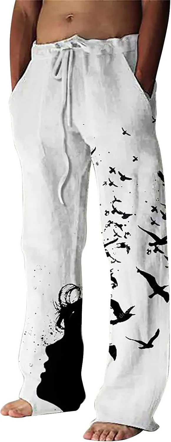 Mens Casual Pants Summer Lightweight Linen Beach Pants Classic Sport Trousers Lounge Pant Hiking Gym Joggers Chino Pants Slim Fit