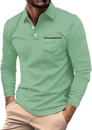 Men's Casual Polo Shirts Classic Solid Long Sleeve Golf Shirt Fashion Slim Fit Button V Neck Cotton Top with Pocket