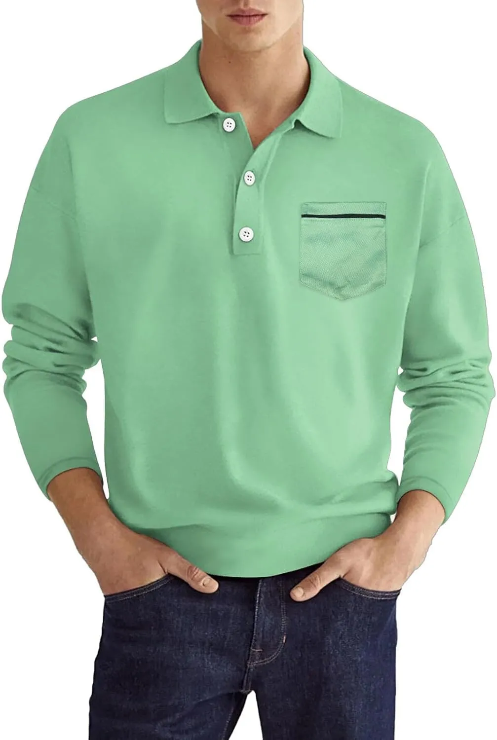 Men's Casual Polo Shirts Classic Solid Long Sleeve Golf Shirt Fashion Slim Fit Button V Neck Cotton Top with Pocket