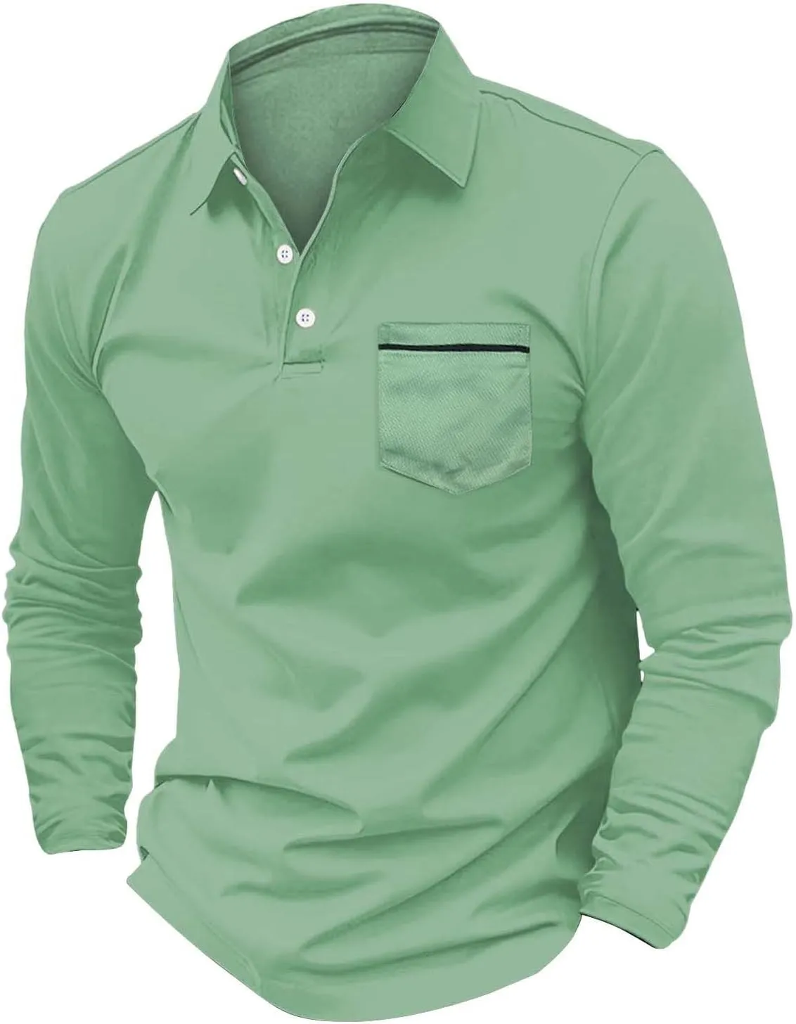 Men's Casual Polo Shirts Classic Solid Long Sleeve Golf Shirt Fashion Slim Fit Button V Neck Cotton Top with Pocket