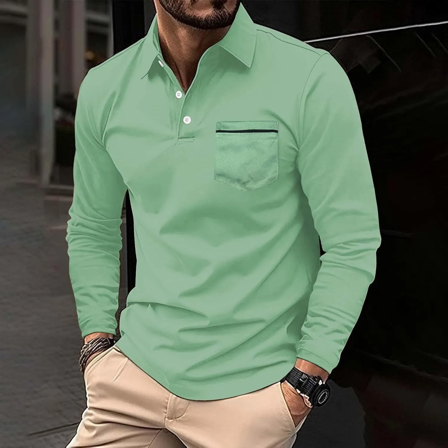 Men's Casual Polo Shirts Classic Solid Long Sleeve Golf Shirt Fashion Slim Fit Button V Neck Cotton Top with Pocket