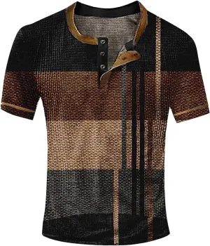 Mens Casual T Shirt Short Sleeve Muscle Slim Fit Colorful Printed Henley Shirts Summer Retro Tees Tops Plus Size 2024