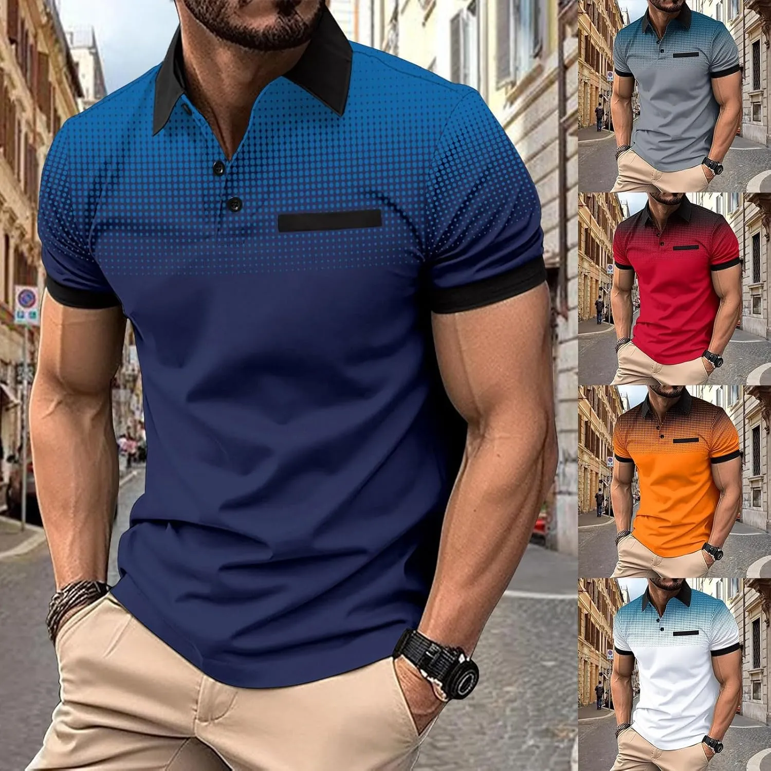 Men's Casual V Neck Button Textured Polo Shirts Slim Fit Solid Short Sleeve Cotton Golf T-Shirts Knit Soft Tees