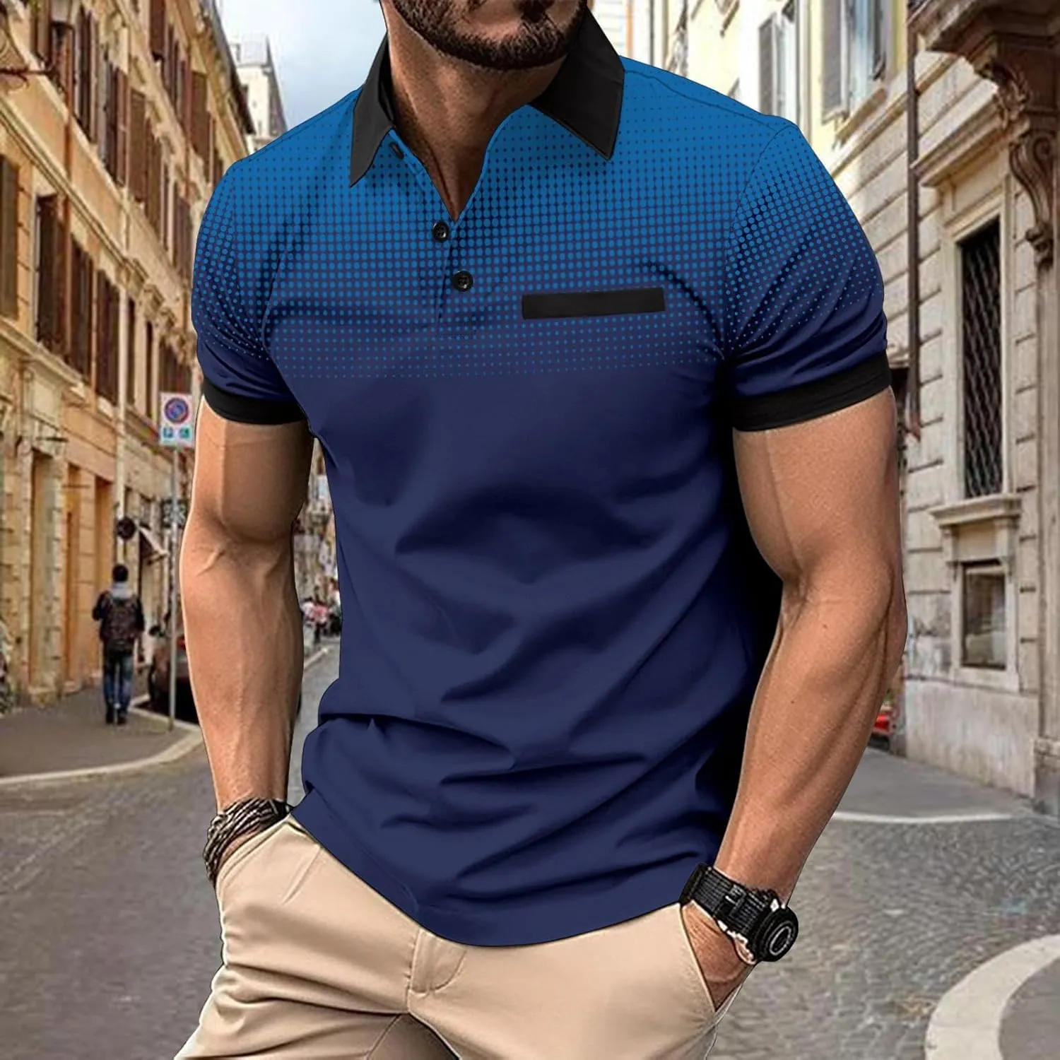 Men's Casual V Neck Button Textured Polo Shirts Slim Fit Solid Short Sleeve Cotton Golf T-Shirts Knit Soft Tees