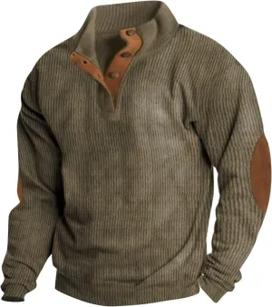 Mens Corduroy Shirt Lapel Collar Button Up Pullover Long Sleeve Casual Sweatshirt With Elbow Patches Active Tops