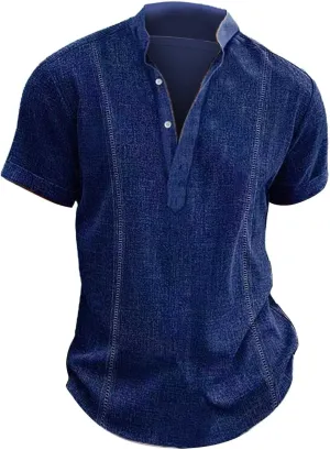 Mens Cotton Linen Henley Shirt Combat Active Loose Outdoor Travel Tops Deep V Neck Stand-Up Collar Short Sleeve Casual Shirts