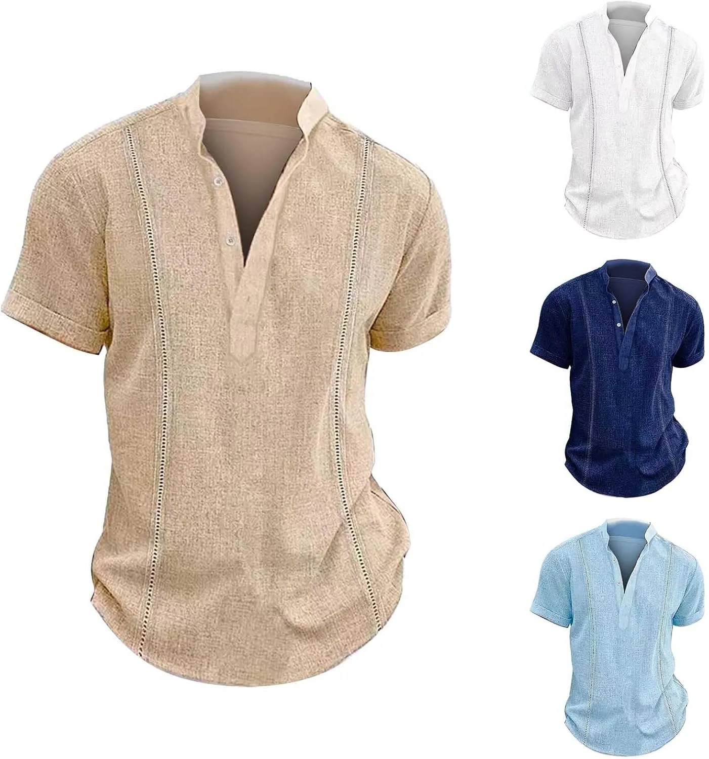 Mens Cotton Linen Henley Shirt Combat Active Loose Outdoor Travel Tops Deep V Neck Stand-Up Collar Short Sleeve Casual Shirts