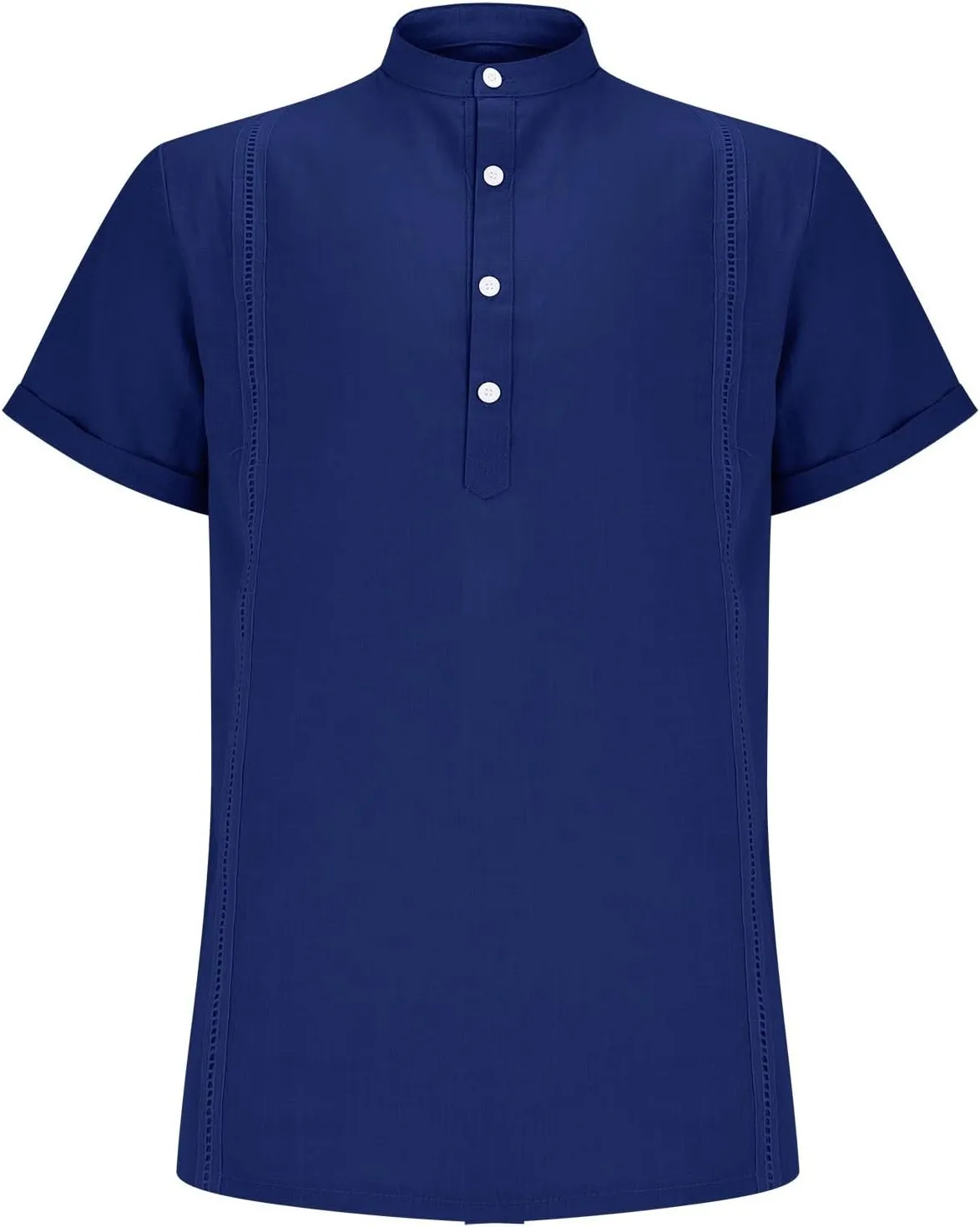 Mens Cotton Linen Henley Shirt Combat Active Loose Outdoor Travel Tops Deep V Neck Stand-Up Collar Short Sleeve Casual Shirts