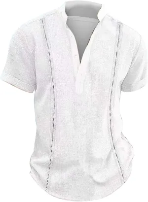 Mens Cotton Linen Henley Shirt Combat Active Loose Outdoor Travel Tops Deep V Neck Stand-Up Collar Short Sleeve Casual Shirts