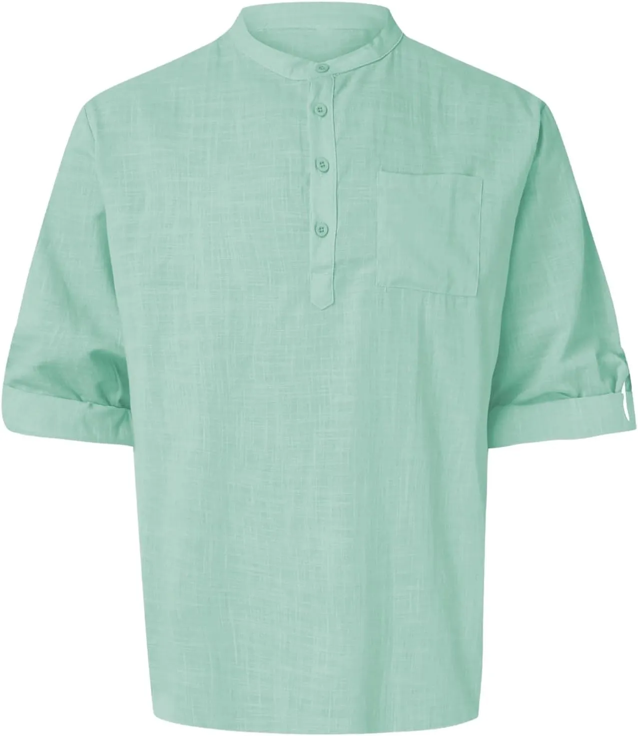 Men's Cotton Linen Henley T-Shirts Roll Up Long Sleeve Hawaii Hippie Casual Beach T-Shirts Button Down Band Collar