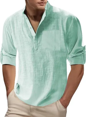 Men's Cotton Linen Henley T-Shirts Roll Up Long Sleeve Hawaii Hippie Casual Beach T-Shirts Button Down Band Collar