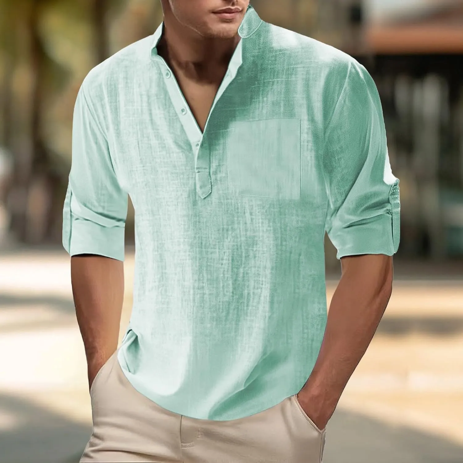Men's Cotton Linen Henley T-Shirts Roll Up Long Sleeve Hawaii Hippie Casual Beach T-Shirts Button Down Band Collar