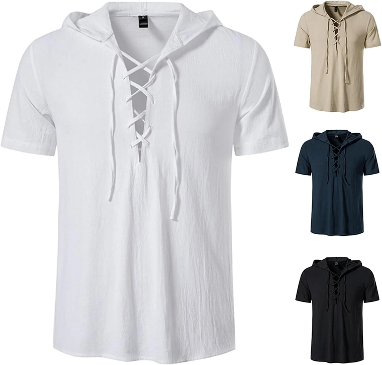 Mens Cotton Linen Hooded Henley Shirt Vintage Short Sleeve Lace up Shirts Renaissance Pirate Summer Beach Tops