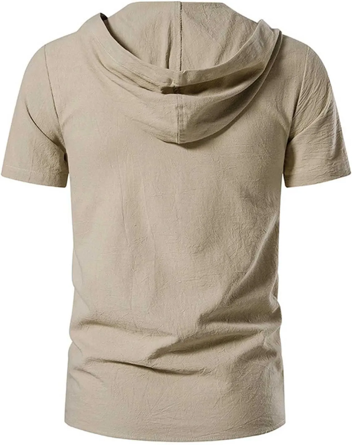 Mens Cotton Linen Hooded Henley Shirt Vintage Short Sleeve Lace up Shirts Renaissance Pirate Summer Beach Tops