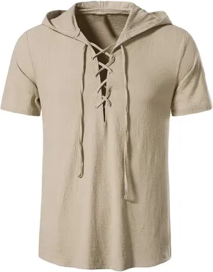 Mens Cotton Linen Hooded Henley Shirt Vintage Short Sleeve Lace up Shirts Renaissance Pirate Summer Beach Tops