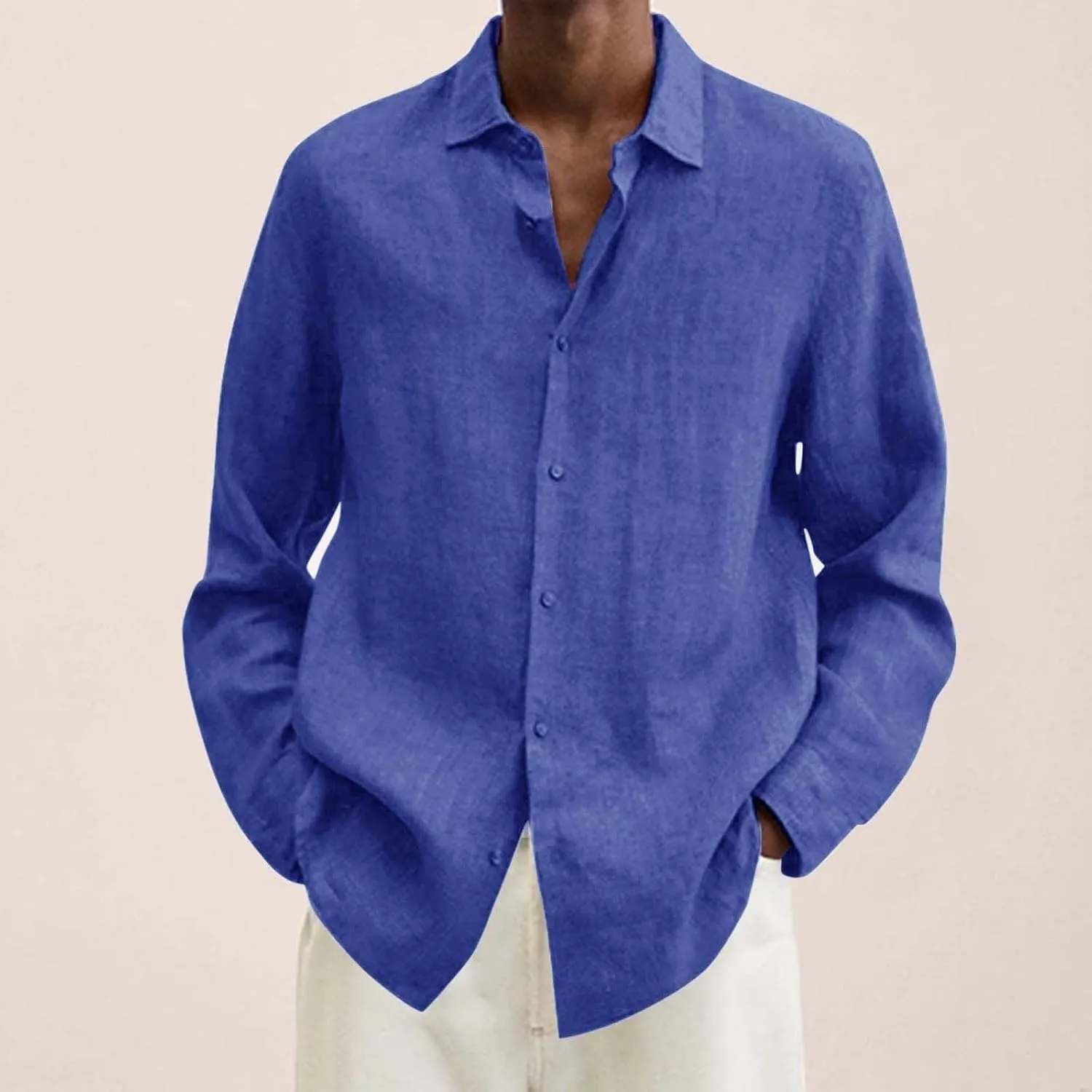 Mens Cotton Linen Hoodie Lightweight Long Sleeved Lapel Cotton Pocket Shirt Tops V Neck Button Down Hooded Shirt