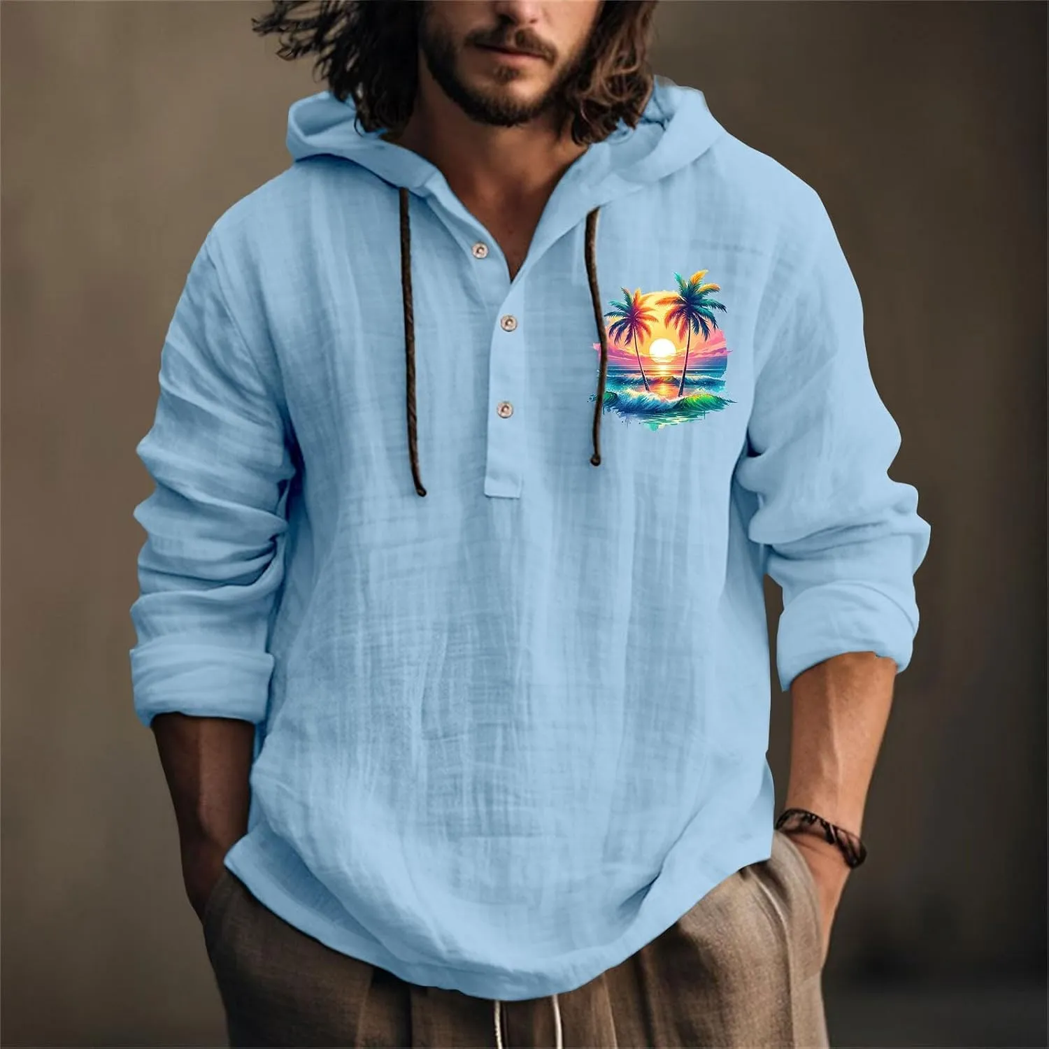 Mens Cotton Linen Hoodie Lightweight Print Knotted Hooded Shirt Casual Sweatshirts Button Down Beach Shirts Mens