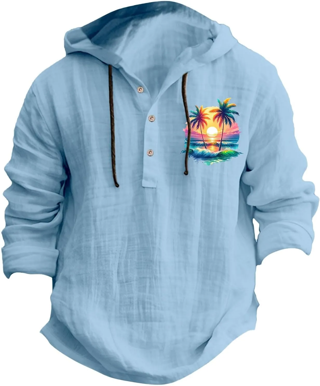 Mens Cotton Linen Hoodie Lightweight Print Knotted Hooded Shirt Casual Sweatshirts Button Down Beach Shirts Mens