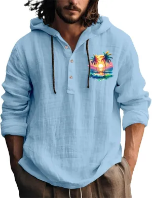 Mens Cotton Linen Hoodie Lightweight Print Knotted Hooded Shirt Casual Sweatshirts Button Down Beach Shirts Mens