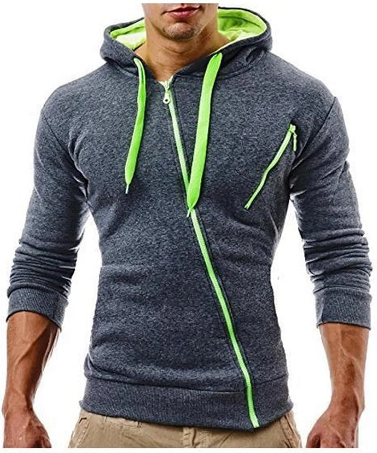 Men's Diagonal Zipper Hoodies Side Zipper Slim Fit Lightweight Fleece for Running Hiking Gym Workouts with Zip Pockets