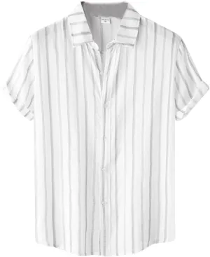 Mens Hawaiian Shirts Short Sleeve Striped Button Down Shirt Cotton Linen Tops Beach Shirt for Vacation Spring Summer