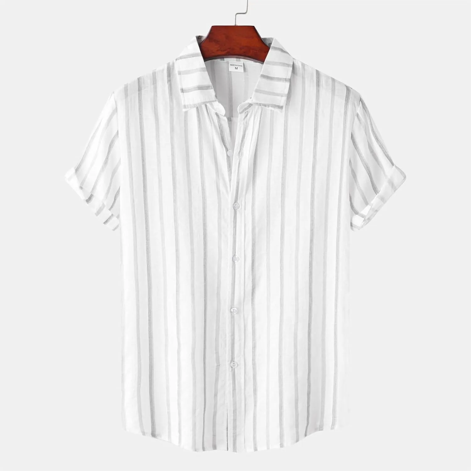 Mens Hawaiian Shirts Short Sleeve Striped Button Down Shirt Cotton Linen Tops Beach Shirt for Vacation Spring Summer