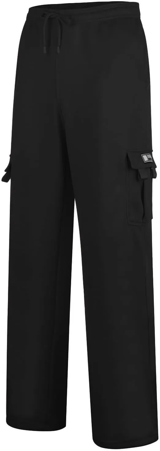 Men's Heavyweight Fleece Cargo Sweatpants Stretch Elastic Waist Trousers Drawstring Baggy Joggers with Pockets