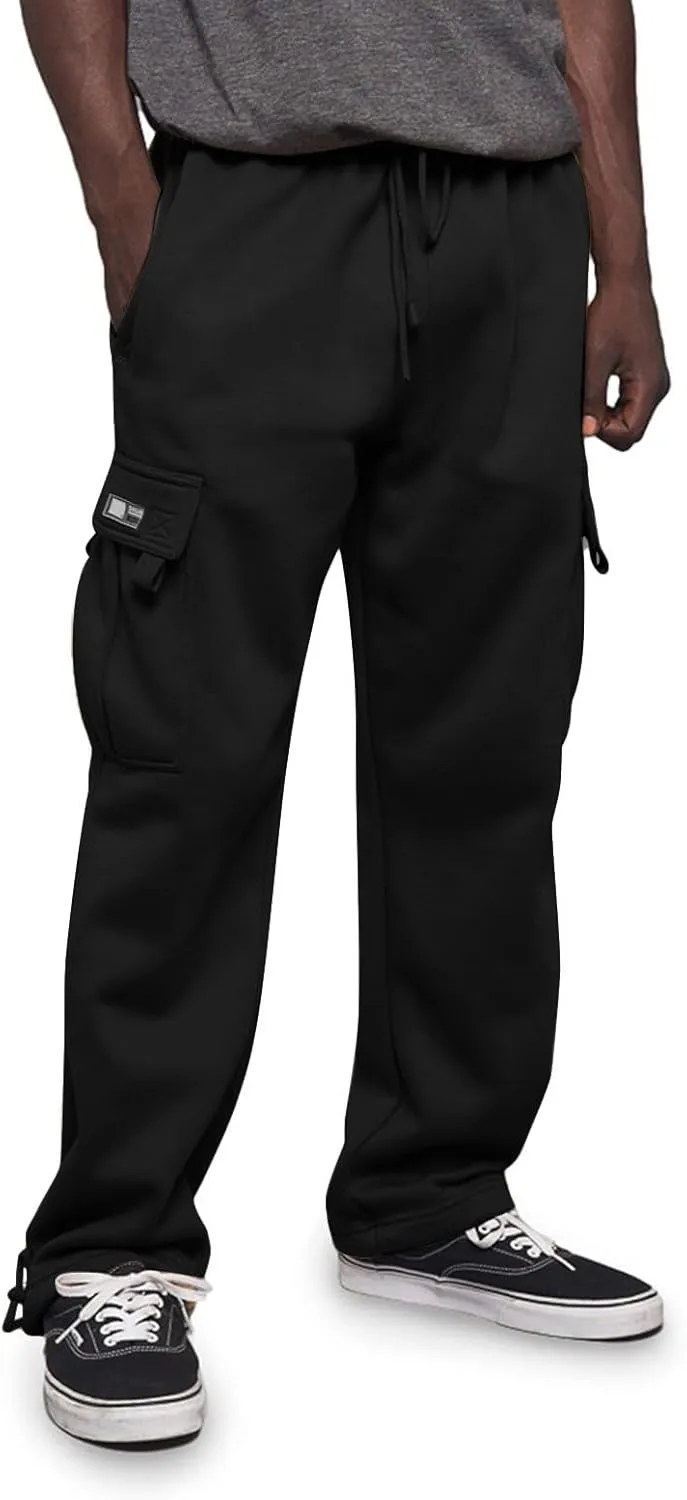 Men's Heavyweight Fleece Cargo Sweatpants Stretch Elastic Waist Trousers Drawstring Baggy Joggers with Pockets