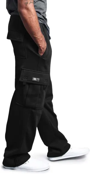 Men's Heavyweight Fleece Cargo Sweatpants Stretch Elastic Waist Trousers Drawstring Baggy Joggers with Pockets