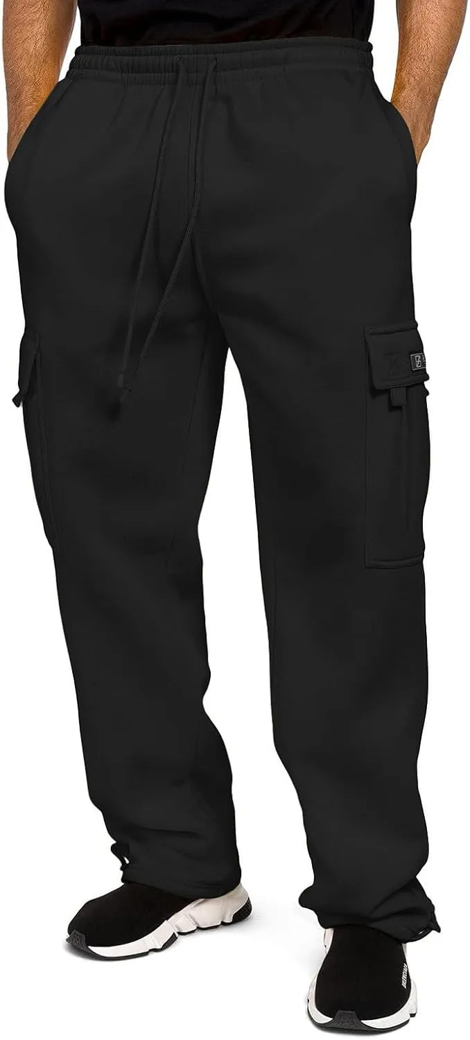 Men's Heavyweight Fleece Cargo Sweatpants Stretch Elastic Waist Trousers Drawstring Baggy Joggers with Pockets