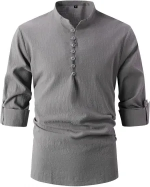 Mens Henley Neck Long Sleeve Linen Shirts Cotton Linen Henley T-Shirts Long Sleeve Hippie Casual Beach Shirts