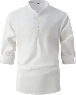Mens Henley Neck Long Sleeve Linen Shirts Cotton Linen Henley T-Shirts Long Sleeve Hippie Casual Beach Shirts