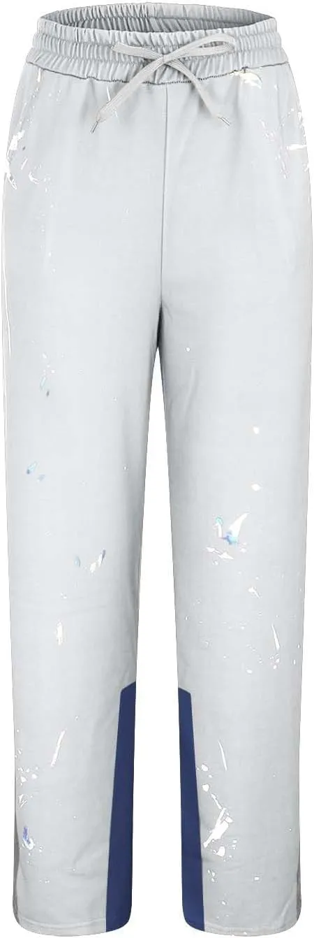 Mens Hip Hop Stacked Sweatpants Drawstring Elastic Waist Y2K Flared Jogger Pants Relaxed Fit Print Bell Bottom Pants