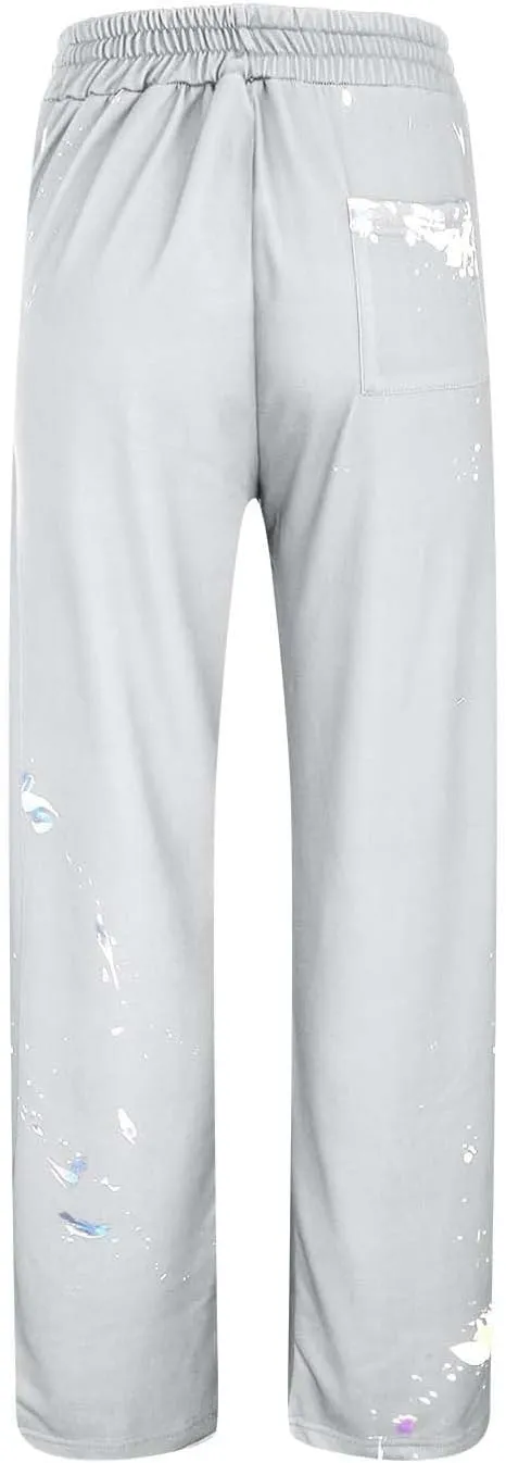 Mens Hip Hop Stacked Sweatpants Drawstring Elastic Waist Y2K Flared Jogger Pants Relaxed Fit Print Bell Bottom Pants