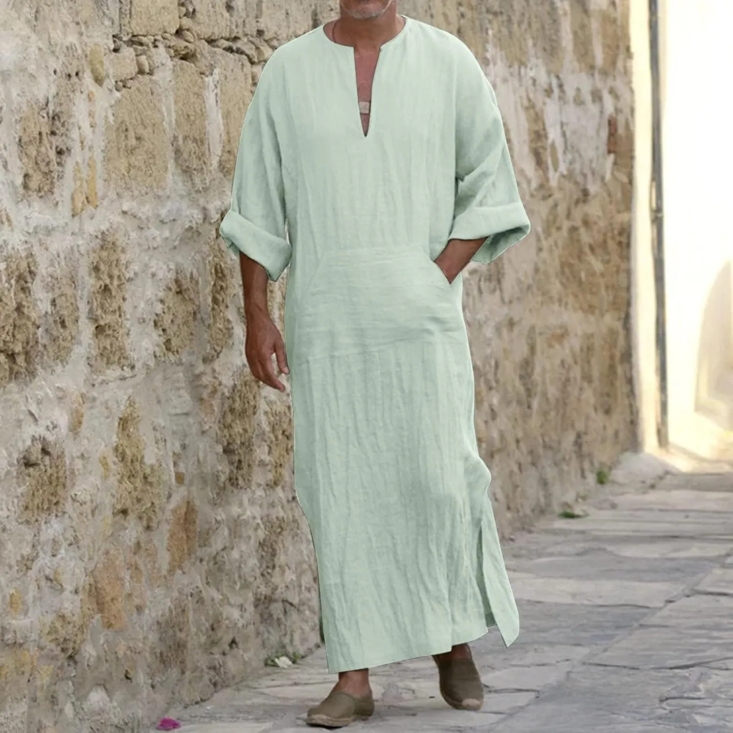 Men's Kaftan Robe Arabic T Shirts Cotton Long Sleeve Thobe V-Neck Linen Robe Casual Side Split Gown Shirt with Pockets