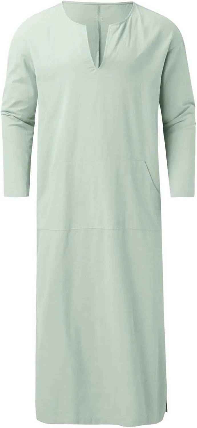 Men's Kaftan Robe Arabic T Shirts Cotton Long Sleeve Thobe V-Neck Linen Robe Casual Side Split Gown Shirt with Pockets