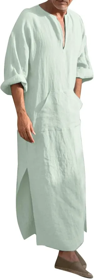 Men's Kaftan Robe Arabic T Shirts Cotton Long Sleeve Thobe V-Neck Linen Robe Casual Side Split Gown Shirt with Pockets