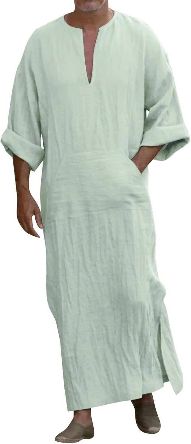 Men's Kaftan Robe Arabic T Shirts Cotton Long Sleeve Thobe V-Neck Linen Robe Casual Side Split Gown Shirt with Pockets