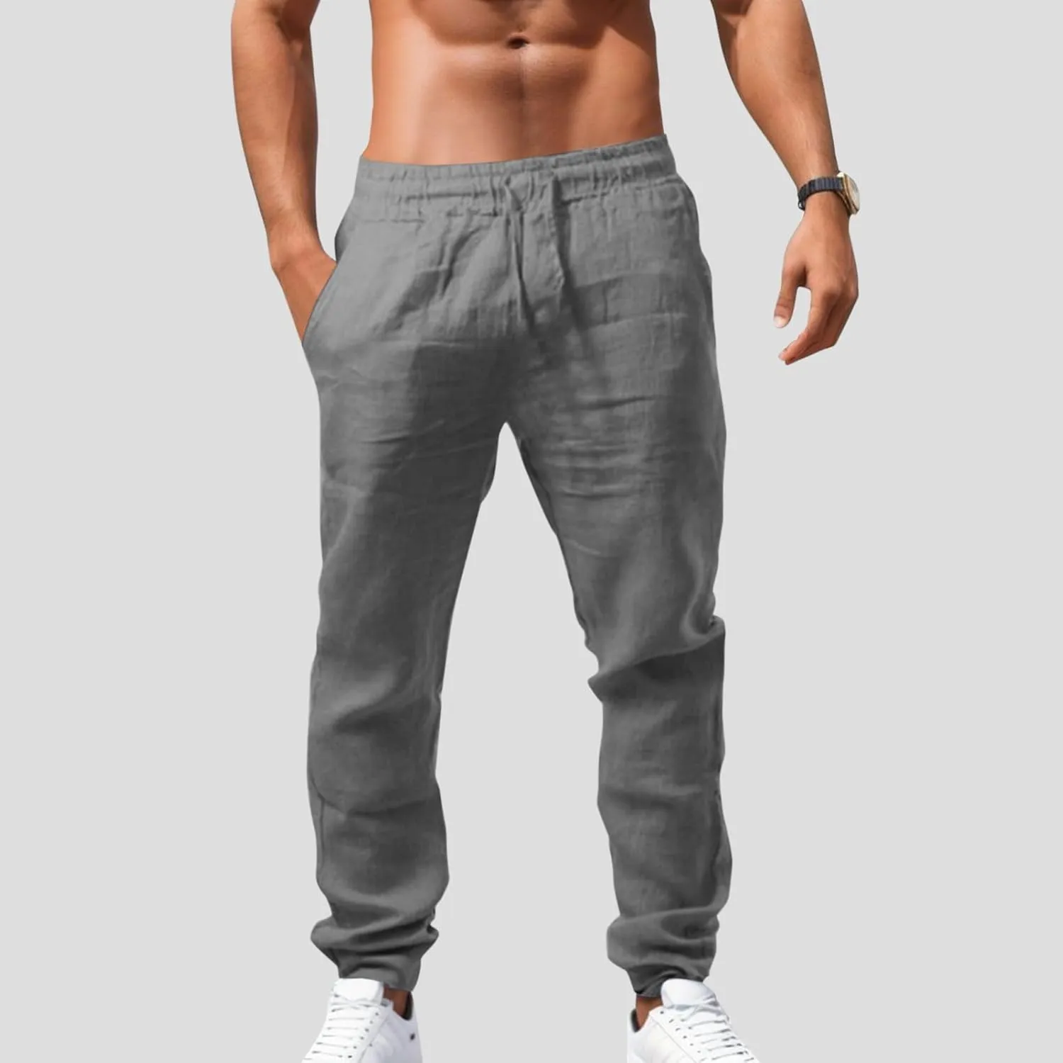 Mens Lightweight Casual Linen Pants Elastic Waist Drawstring Tactical Pants Workout Trousers with Pocket