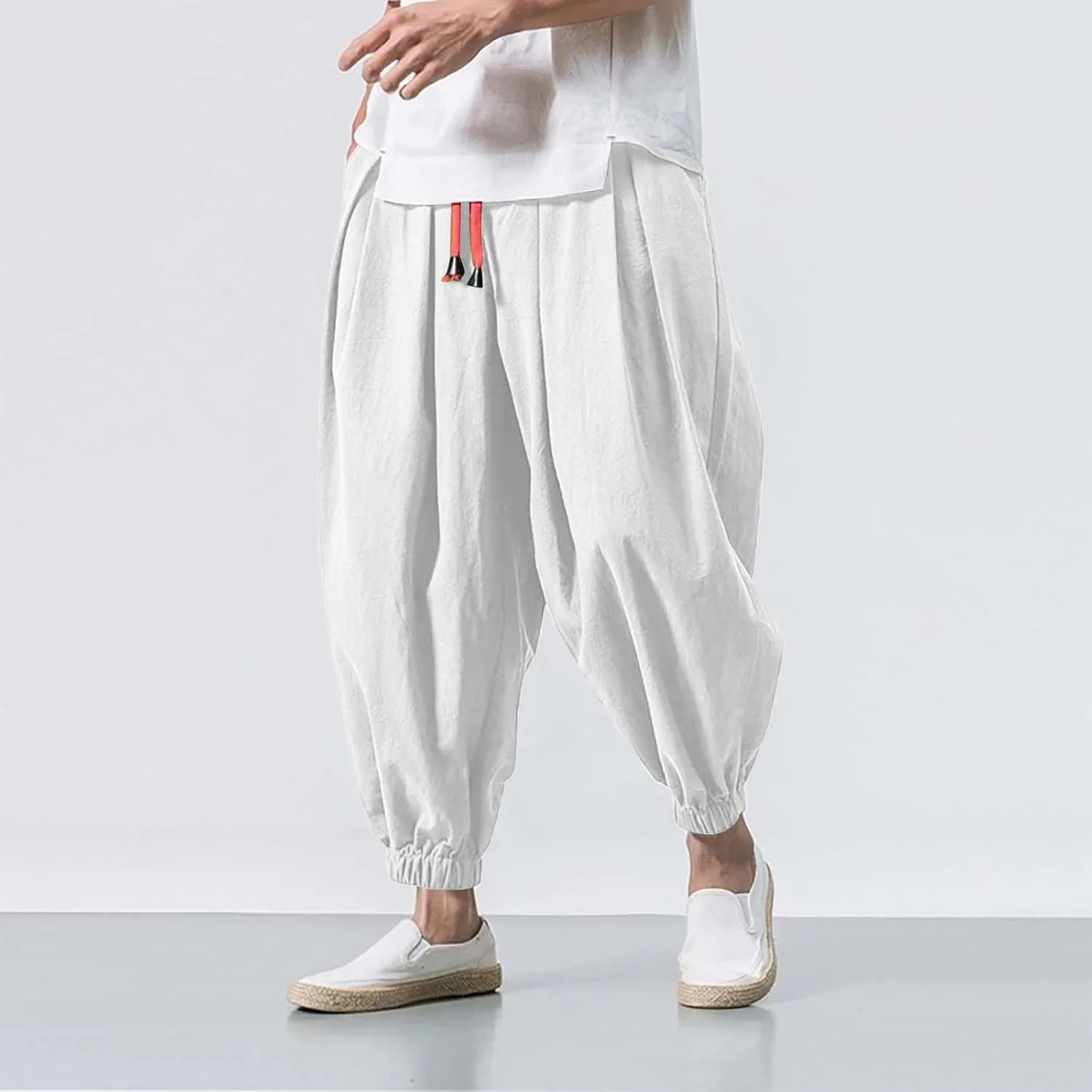 Mens Linen Baggy Pants 2025 Summer Pleated Casual Harem Pants Beach Hippie Trousers